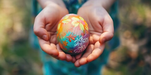 Colorful Easter egg in kid's hands, close-up shot