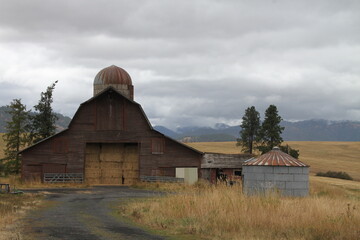 Large old haybarn with silo taken on a dreary gray day in the fields of northern idaho