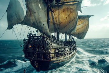Naklejka premium pirate ship sailing the high seas, with a fierce captain and a treasure map leading to riches untold
