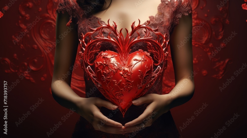 Wall mural  a woman in a red dress holding a red heart shaped object in front of a red background with red flowers.