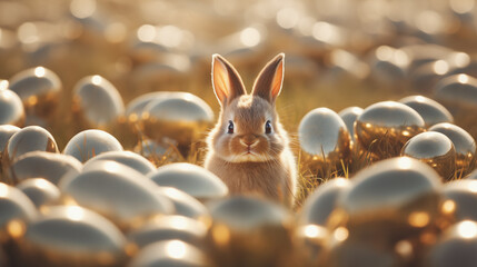 Adorable Cute Easter bunny and golden eggs created with generative AI