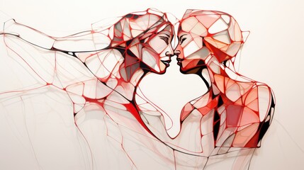  a drawing of a couple kissing each other with red lines on the side of the image and a white background.