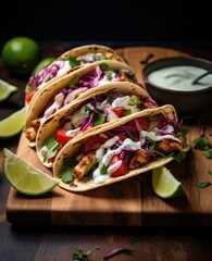 Grilled chicken tacos with cilantro lime sauce. Generative AI.
