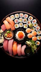 A plate with sushi and other food on it. Generative AI.