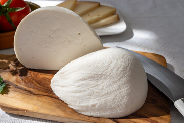 Fresh gauzed white soft goat cow sheep milk cheese, young Spanish cheese