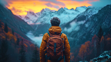 A picture of a person where his face is lit by the warm light of dawn, and the mountains against t - obrazy, fototapety, plakaty