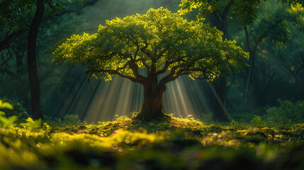 A picture of a summer tree with a spreading crown, where each sheet is brightly lit by the rays of