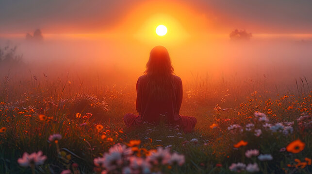 A picture of a person surrounded by silence and calm, looking at the awakening world under the ray