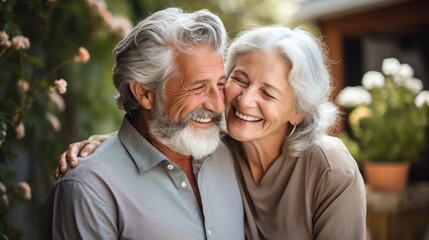  a close up of a man and a woman hugging each other with flowers in the back ground in the background.