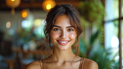 Fototapeta premium A portrait of a girl with a cheerful smile, as if she knows the secret of happiness and is ready t