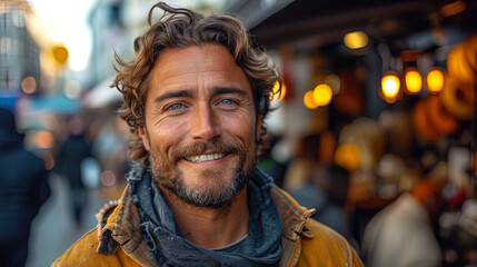 Naklejka premium A portrait of a guy with a smile, as if he meets his love, and this moment fills his heart with jo