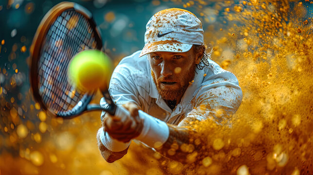 A portrait of a tennis player in a dynamic position of take off subsidiaries, where absolute devot