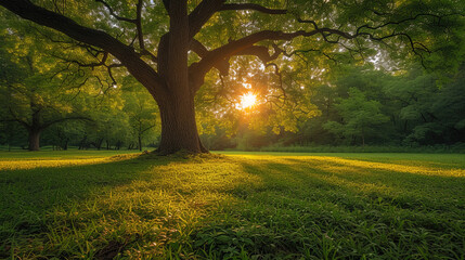 The summer tree in the park, surrounded by grass and bright colors, like the personification of wi