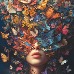 Woman face hidden under a mask of butterflies 