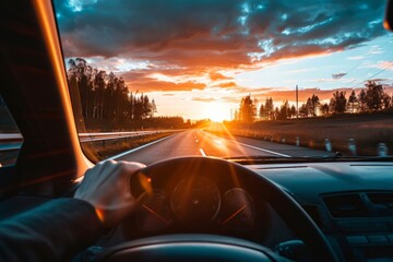 A man behind the wheel cruising on the road as the sun generative ai