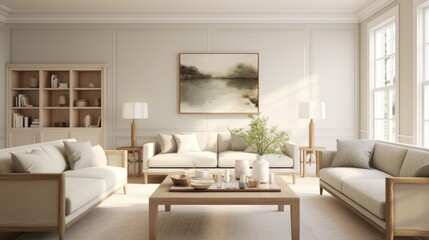  a living room with two couches, a coffee table, and a painting in the corner of the room.