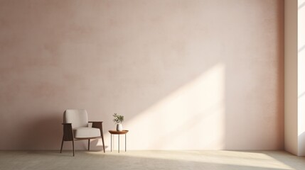  a chair and a potted plant in a corner of a room with a pink wall and light coming through the window.