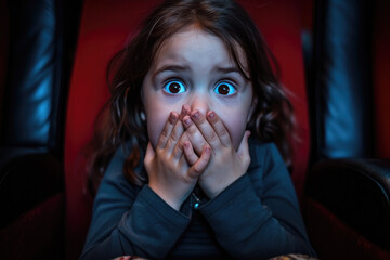 Fear expression. Child girl with her hands on her mouth watching movie sitting in the cinema