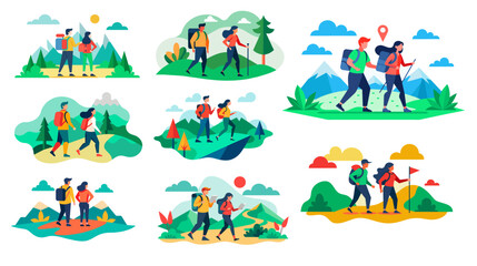 Outdoor adventure - hiking couples exploring nature illustrations