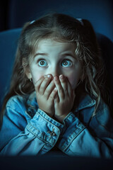 Fear expression. Child girl with her hands on her mouth watching movie sitting in the cinema