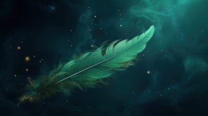  a green feather floating on top of a dark blue liquid filled body of water with stars in the sky in the background.