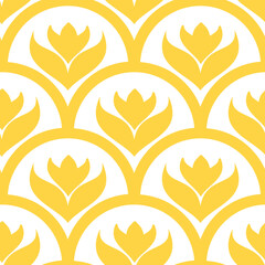 Oriental style welcoming wallpaper pattern in golden yellow