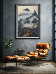 Orange leather armchair in a modern living room with daylight coming from the window. Large painting depicting foggy mountains on a gray wall. Artistic home, stylish decor, interior design.