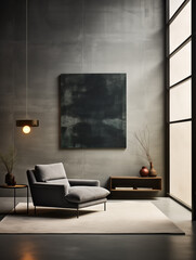 Comfortable grey armchair in a modern living room with a large dark artwork on a concrete wall. Cozy lighting, big windows. Artistic home, stylish decor, contemporary interior design.