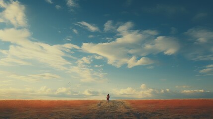  a person standing on a dirt road in the middle of a field under a blue sky with puffy clouds.