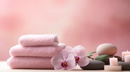 Serene spa setting with soft pink towels displayed on a light pink marble background