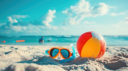 Fototapeta na wymiar beach ball and snorkel on the sand. Summer vacation concept