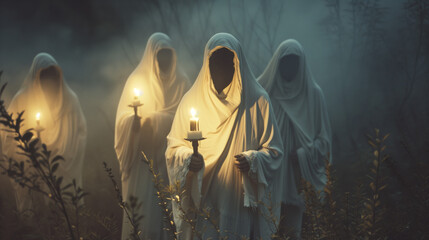 scary cult members in white with candles