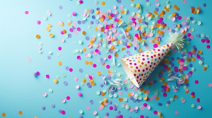 Colored confetti and party hat on blue background