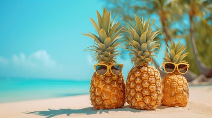 Family of funny attractive pineapples in stylish sunglasses on the sand against turquoise sea. Tropical summer vacation concept. Happy sunny day on the beach of tropical island. Family holiday