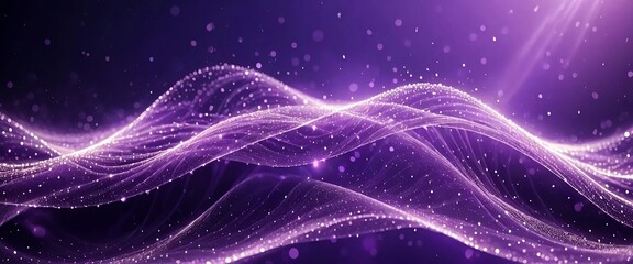 Digital purple particles wave and light abstract background with shining dots stars. Wide panorama science backgrounds. Generative AI - obrazy, fototapety, plakaty