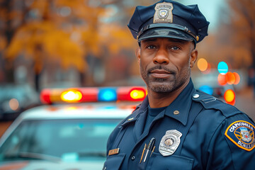 African American police officer standing before patrol car in autumn