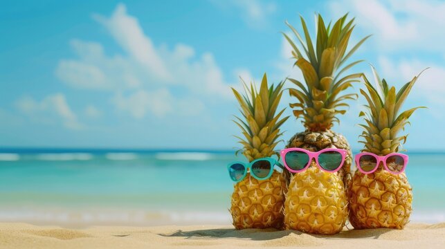 Family of funny attractive pineapples in stylish sunglasses on the sand against turquoise sea. Tropical summer vacation concept. Happy sunny day on the beach of tropical island. Family holiday