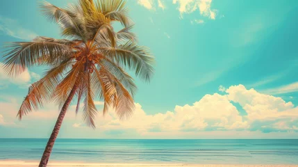 Keuken foto achterwand Palm tree on tropical beach with blue sky and white clouds abstract background. Copy space of summer vacation and business travel concept. Vintage tone filter effect color style © buraratn