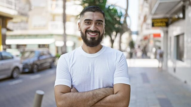 A confident bearded young man standing with crossed arms on a sunny city street.