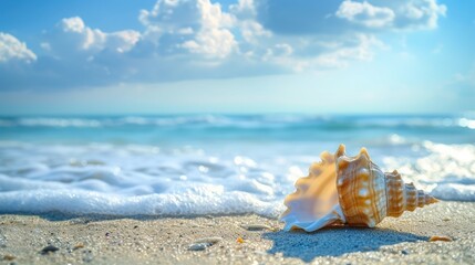 Fototapeta na wymiar Shell on beach and landscape of sea with sky.