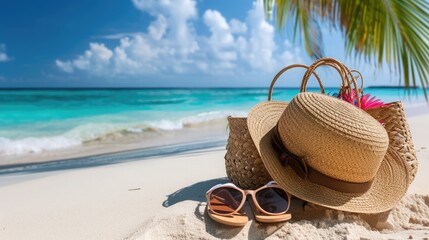 Straw hat, bag, sun glasses and flip flops on a tropical beach