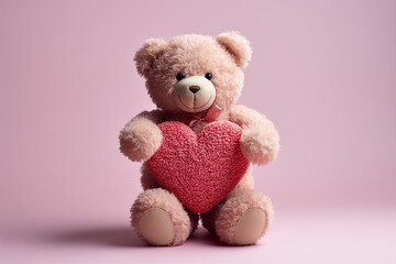 Obraz premium Pink teddy bear holding a red heart against a pink background.