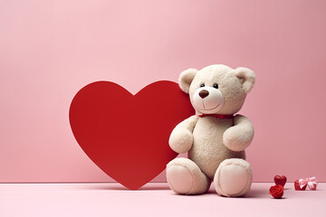 Teddy bear alongside a red heart on a pink background.