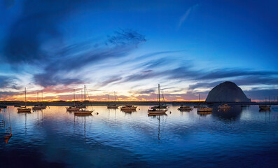 Panorama at Blue Hour over Ocean, boats, water at dusk