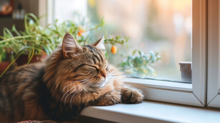 A fluffy cat resting peacefully on a warm windowsill, overlooking a garden. Cozy home interior, relaxed and content atmosphere
