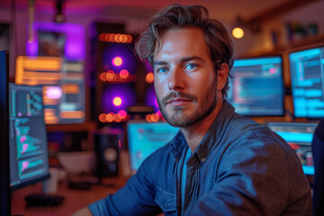 Obraz premium Man working at a high-tech workstation with multiple monitors