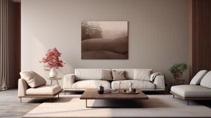  a living room with two couches, a coffee table, a painting and a painting hanging on the wall.
