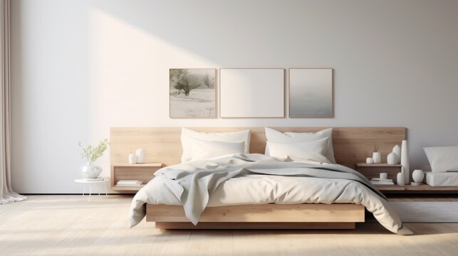  a bed in a room with a wooden headboard and a white comforter and two pictures on the wall above it.