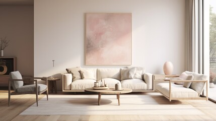  a living room with a couch, chair, coffee table and a large painting on the wall above the couch.