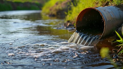 Fototapeta premium Wastewater pollution, industrial pipe, sewage, dirty water leakage into the river, environment, ecology and pollution concept